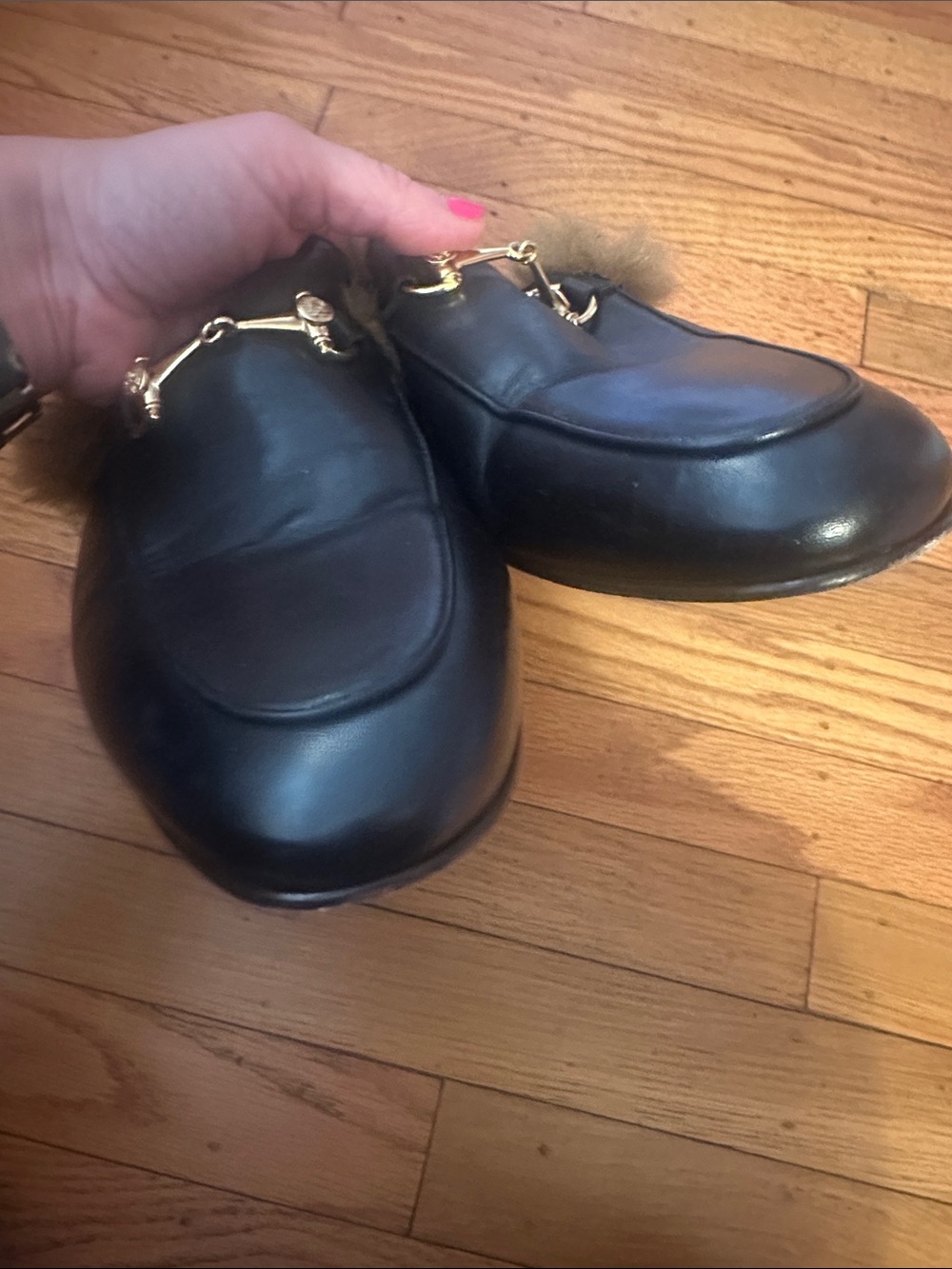 Roberto Cavalli Black Leather Fur-Lined Slip-On Loafers with Gold Hardware - Picture 6 of 6